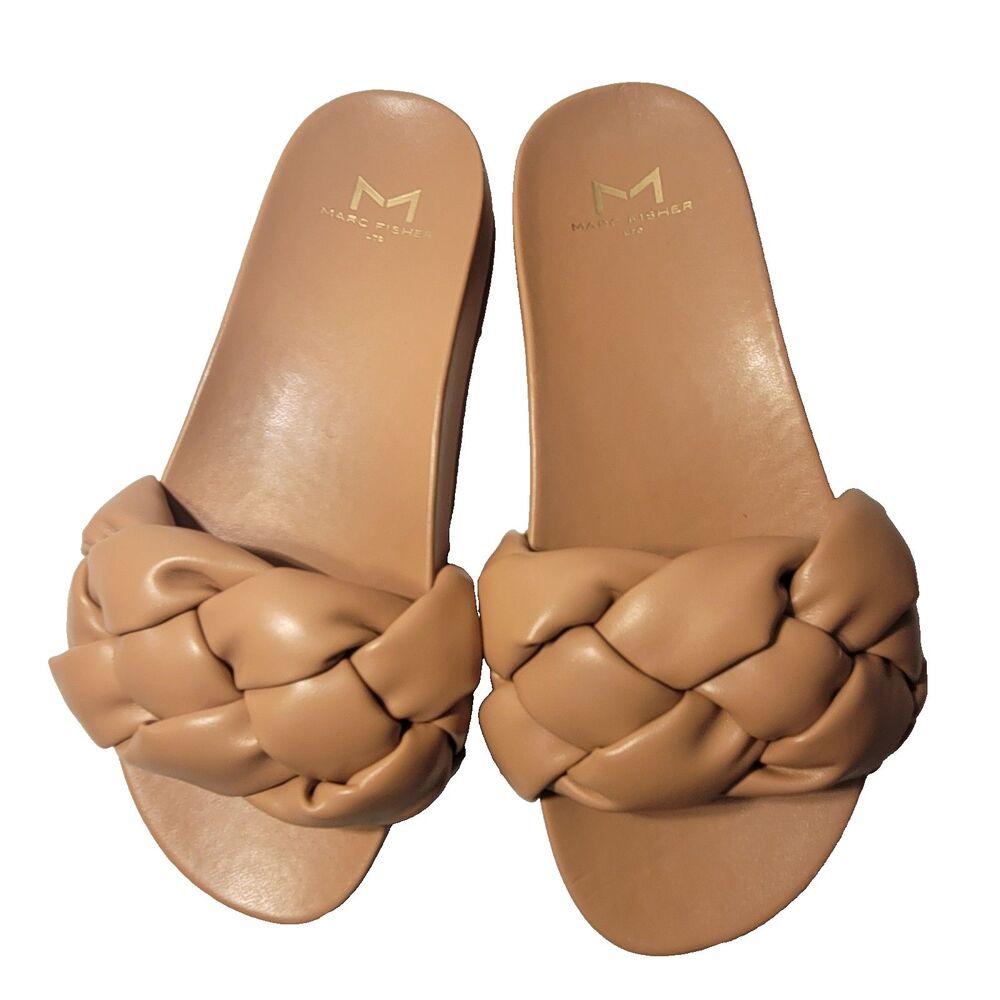 Marc Fisher Imenta Pool Slide Sandal Chunky Braided Faux Leather Nude Strap Sz 5